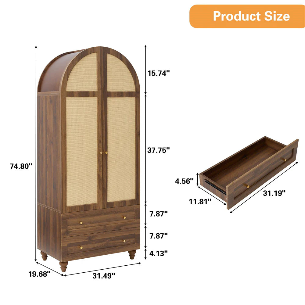 74.8" Tall Rattan Wardrobe Armoire with 2 Drawers, Boho Storage Cabinet Multi Market World Inc.