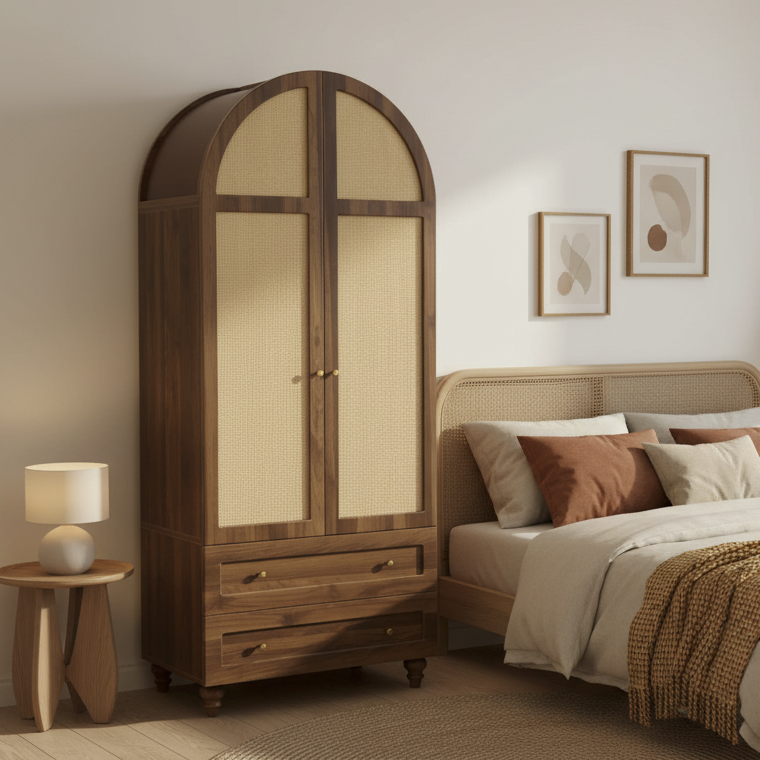 74.8" Tall Rattan Wardrobe Armoire with 2 Drawers, Boho Storage Cabinet Multi Market World Inc.
