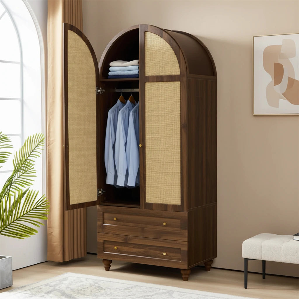 74.8" Tall Rattan Wardrobe Armoire with 2 Drawers, Boho Storage Cabinet Multi Market World Inc.