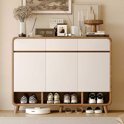 Modern Scandinavian-Style 120 cm 3-Door Shoe Cabinet | Entryway Storage with Open Shelving | Walnut & White Finish