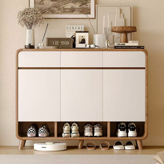 Modern Scandinavian-Style 120 cm 3-Door Shoe Cabinet | Entryway Storage with Open Shelving | Walnut & White Finish