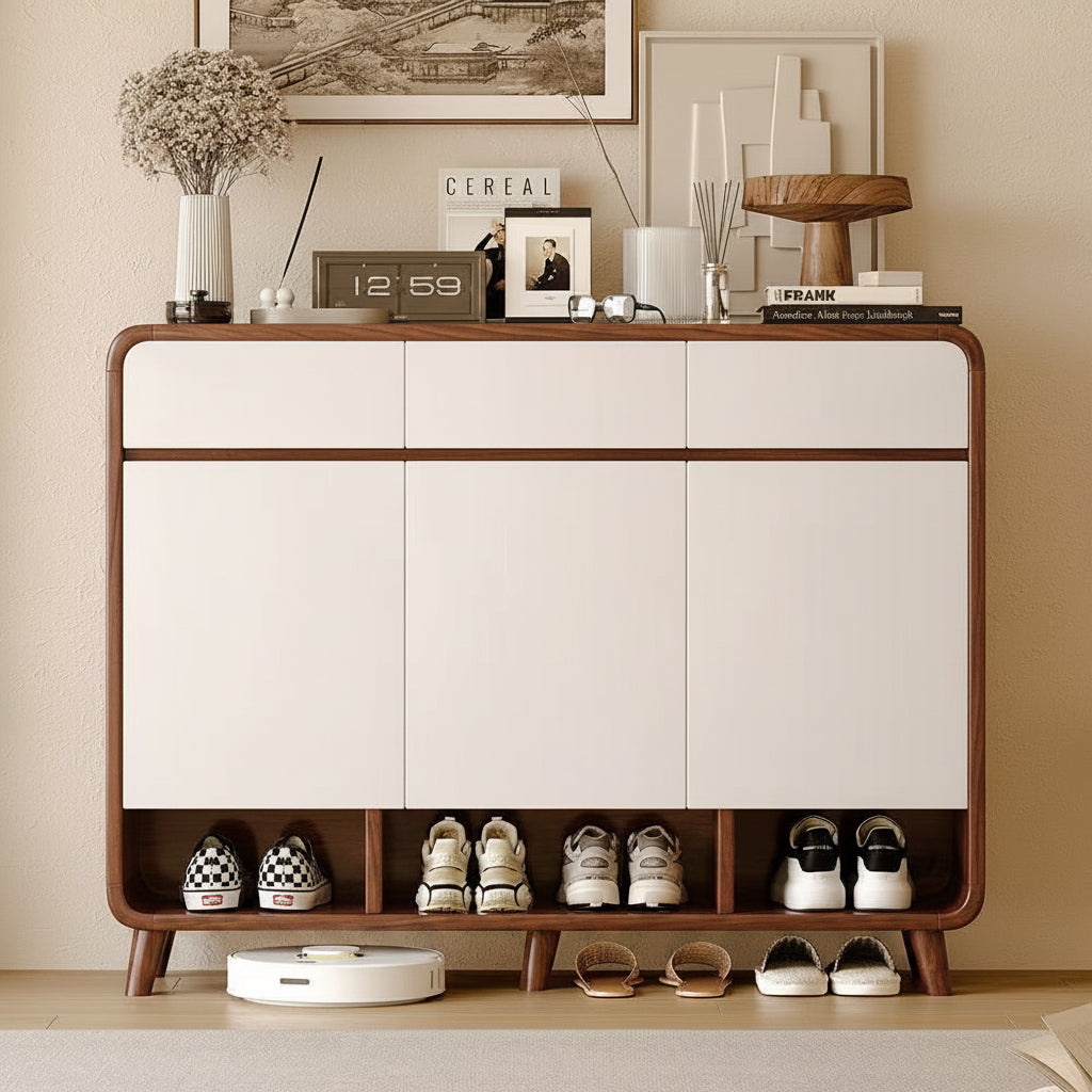 Shoe Storage Cabinet, 120 cm Wide, Walnut and White, 3 Doors with Open Shelving, up to 30 Pairs Multi Market World Inc.