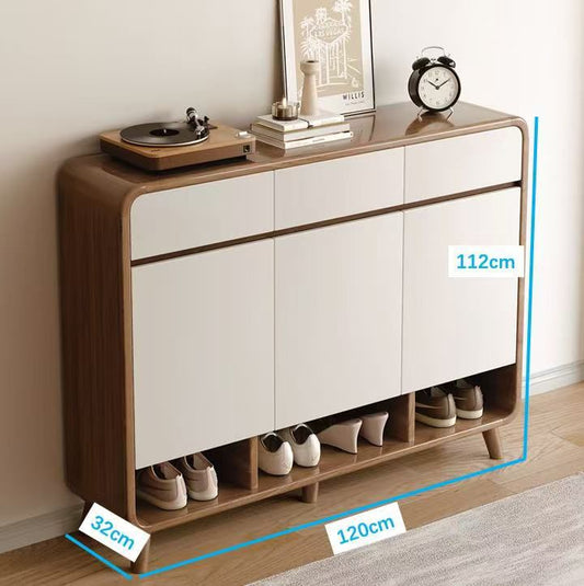 Modern Scandinavian-Style 120 cm 3-Door Shoe Cabinet | Entryway Storage with Open Shelving | Walnut & White Finish