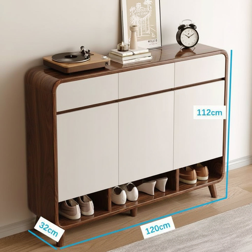 Shoe Storage Cabinet, 120 cm Wide, Walnut and White, 3 Doors with Open Shelving, up to 30 Pairs Multi Market World Inc.