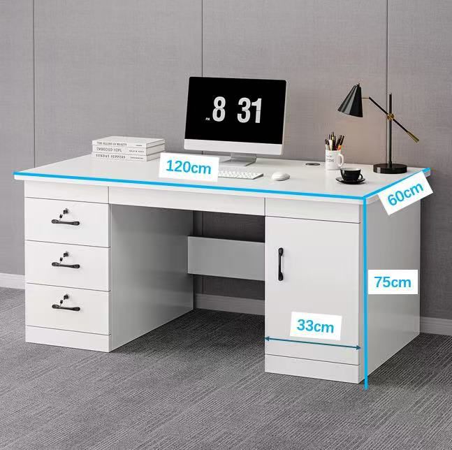 Home Office Computer Desk, 120 cm, White, 3 Lockable Drawers, 1-Door Cabinet, MDF Construction