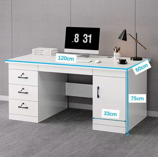 Home Office Computer Desk, 120 cm, White, 3 Lockable Drawers, 1-Door Cabinet, MDF Construction