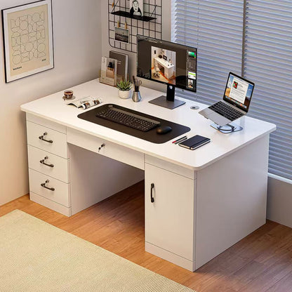 Home Office Computer Desk, 120 cm, White, 3 Lockable Drawers, 1-Door Cabinet, MDF Construction