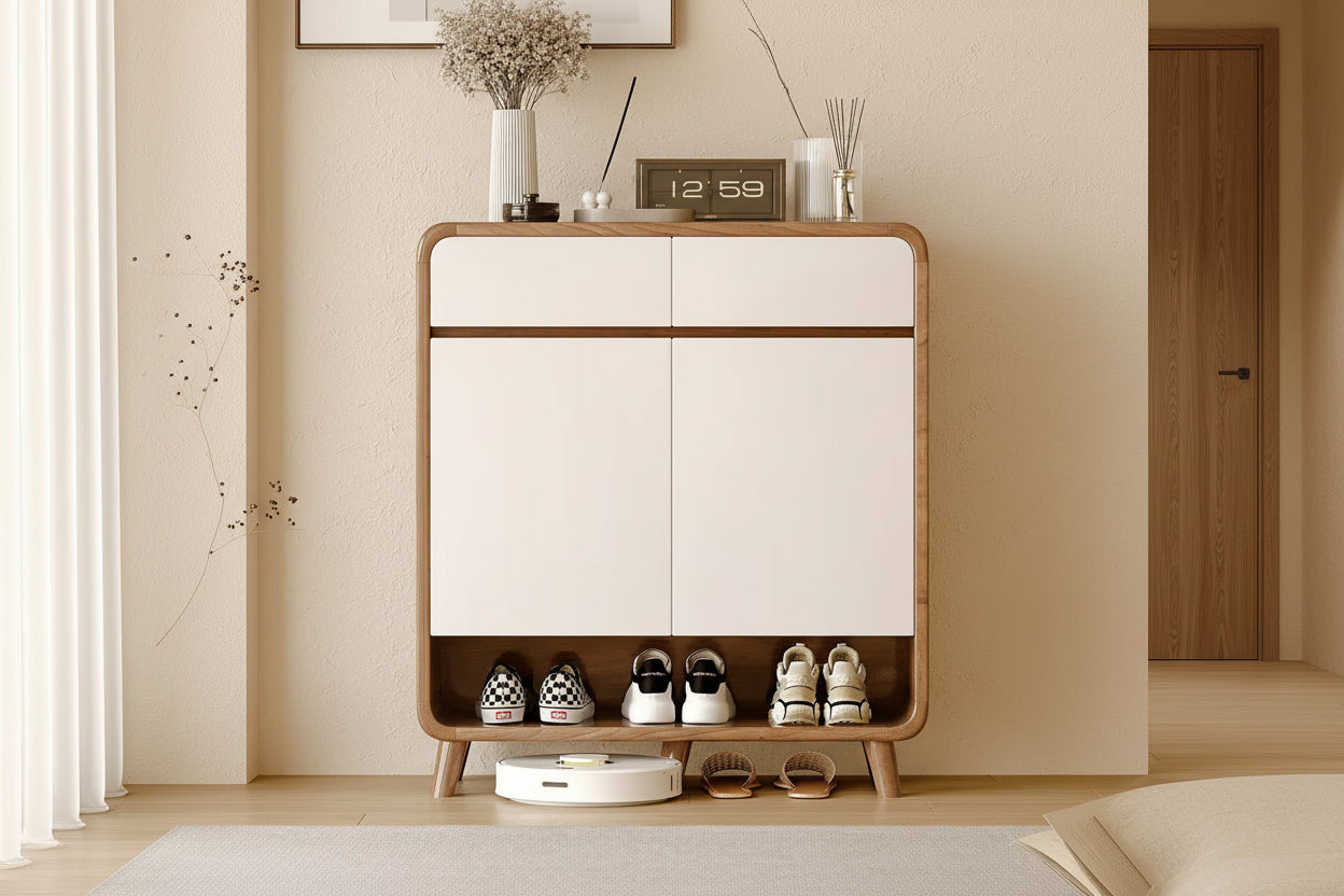 Shoe Storage Cabinet, 80 cm Wide, 2 Doors with Open Shelf, White, Minimalist Entryway Organizer Multi Market World Inc.