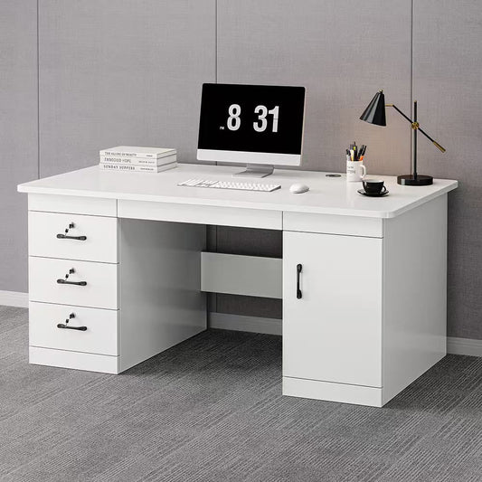 Home Office Computer Desk, 120 cm, White, 3 Lockable Drawers, 1-Door Cabinet, MDF Construction