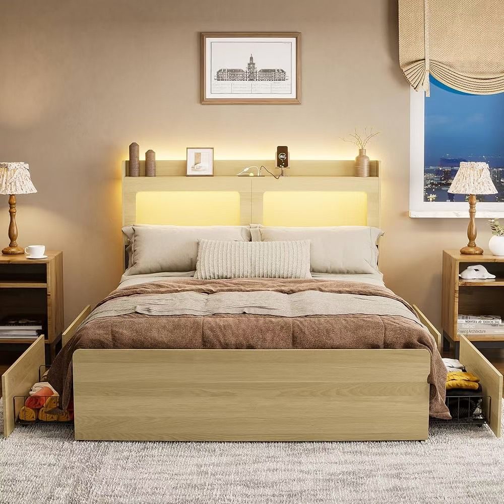Queen Size Frame with Headboard , with 4 drawers /app control LED / Socket