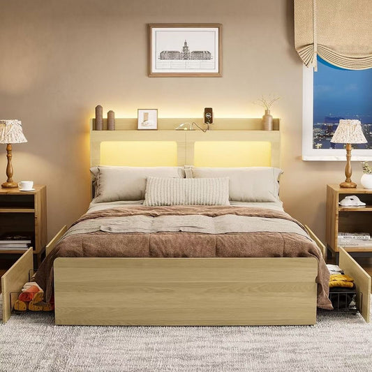 Queen Size Frame with Headboard , with 4 drawers /app control LED / Socket