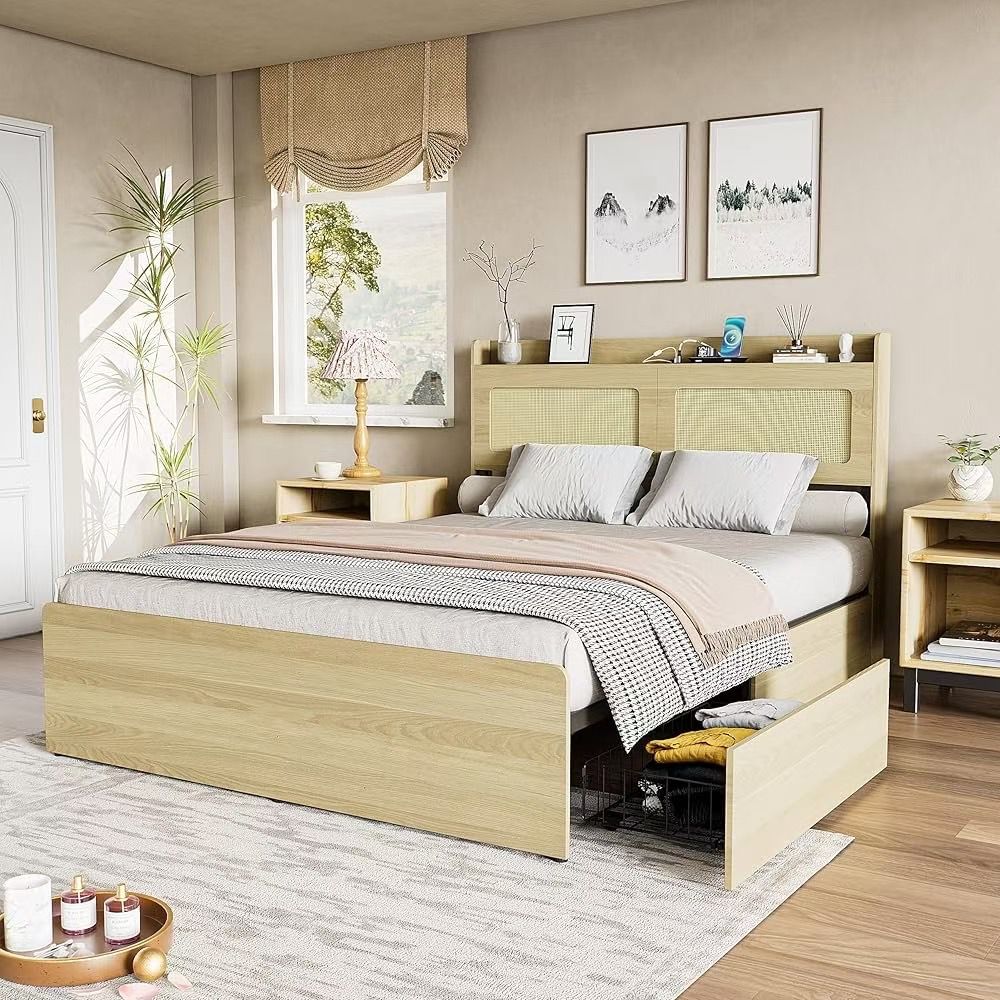 Queen Size Frame with Headboard , with 4 drawers /app control LED / Socket