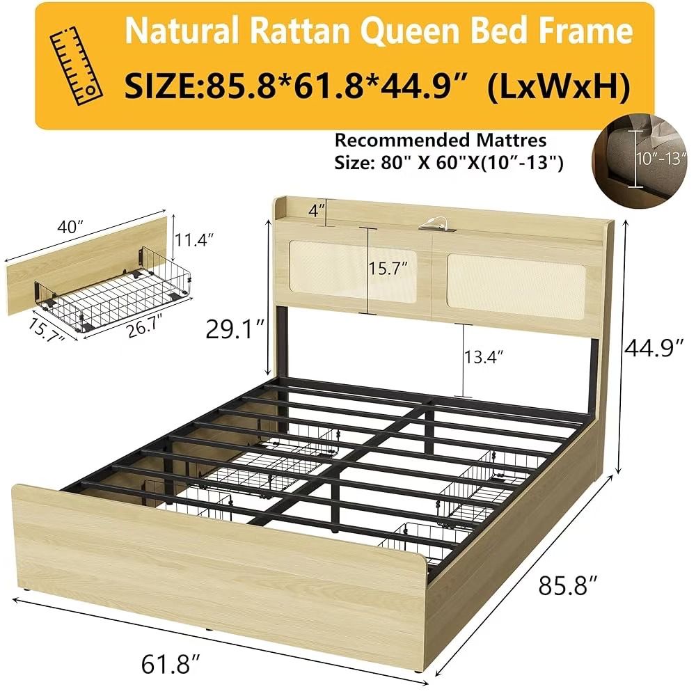 Queen Size Frame with Headboard , with 4 drawers /app control LED / Socket