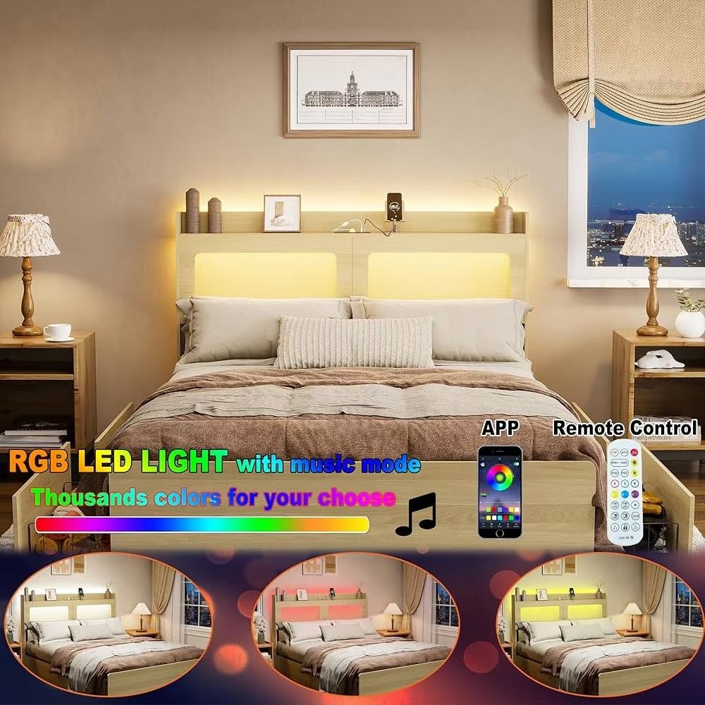 Queen Size Frame with Headboard , with 4 drawers /app control LED / Socket Multi Market World Inc.