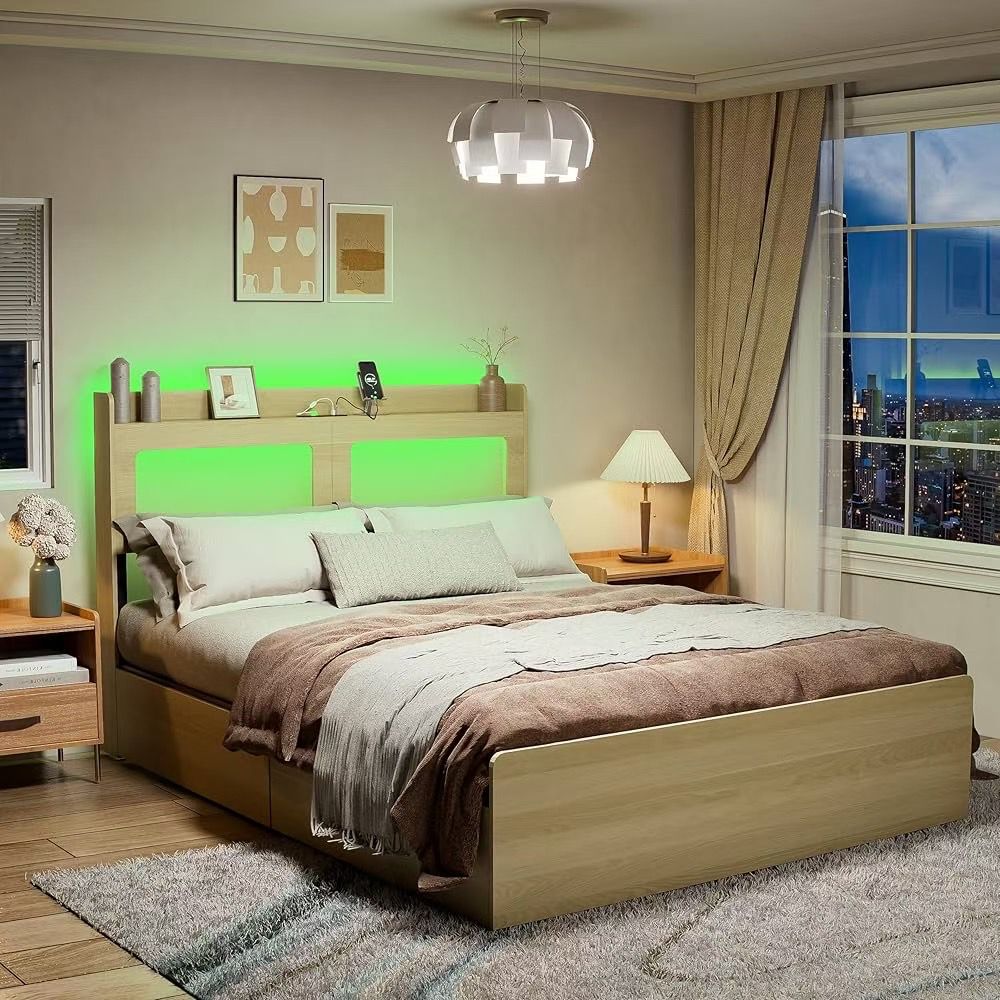 Queen Size Frame with Headboard , with 4 drawers /app control LED / Socket