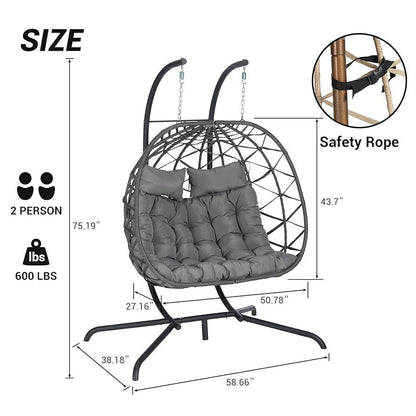 Rattan Two-Seater Patio Egg Chair, Grey Cushion, Hanging Egg Chair