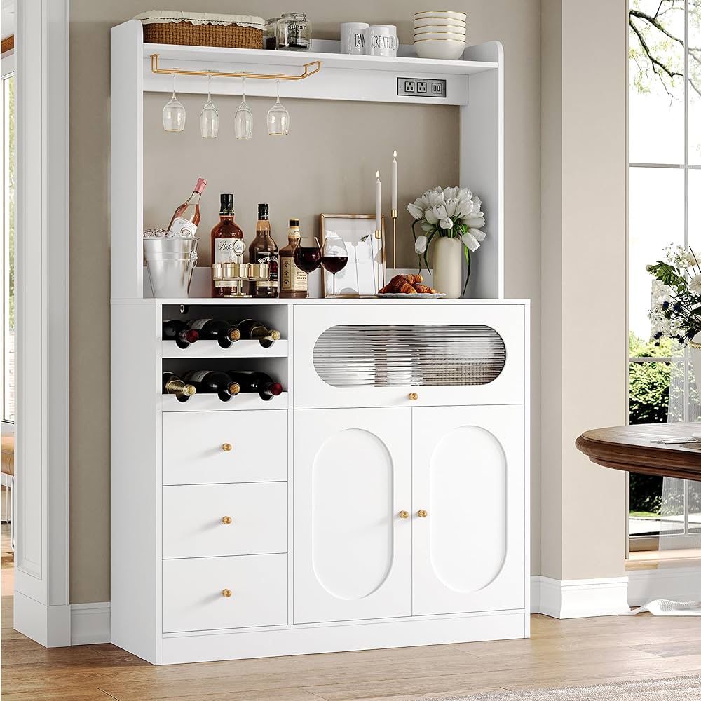 Kitchen Pantry Storage Cabinet with Hutch, Buffet Cabinet with Storage, Coffee Bar Cabinets with Power Outlets, Microwave Stand, Wine Racks, White