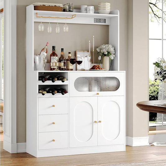 Kitchen Pantry Storage Cabinet with Hutch, Buffet Cabinet with Storage, Coffee Bar Cabinets with Power Outlets, Microwave Stand, Wine Racks, White