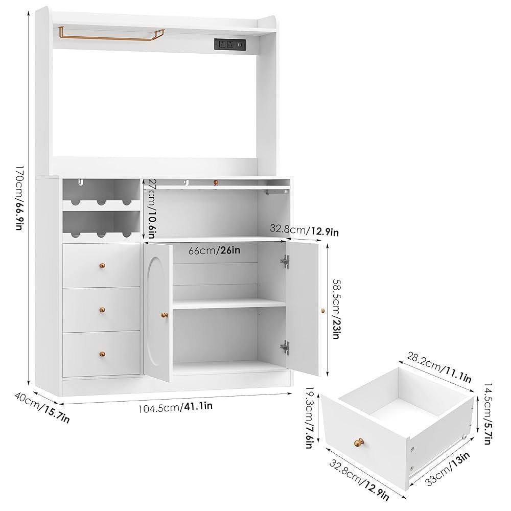 Kitchen Pantry Storage Cabinet with Hutch, Buffet Cabinet with Storage, Coffee Bar Cabinets with Power Outlets, Microwave Stand, Wine Racks, White