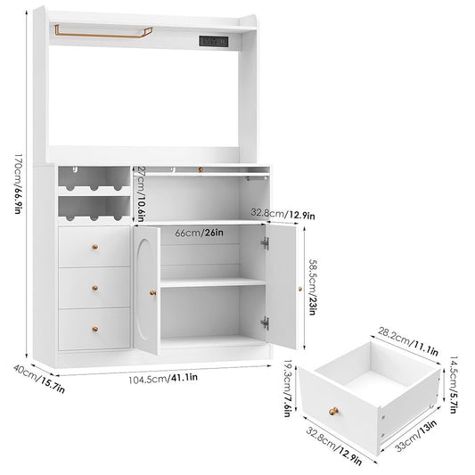 Kitchen Pantry Storage Cabinet with Hutch, Buffet Cabinet with Storage, Coffee Bar Cabinets with Power Outlets, Microwave Stand, Wine Racks, White