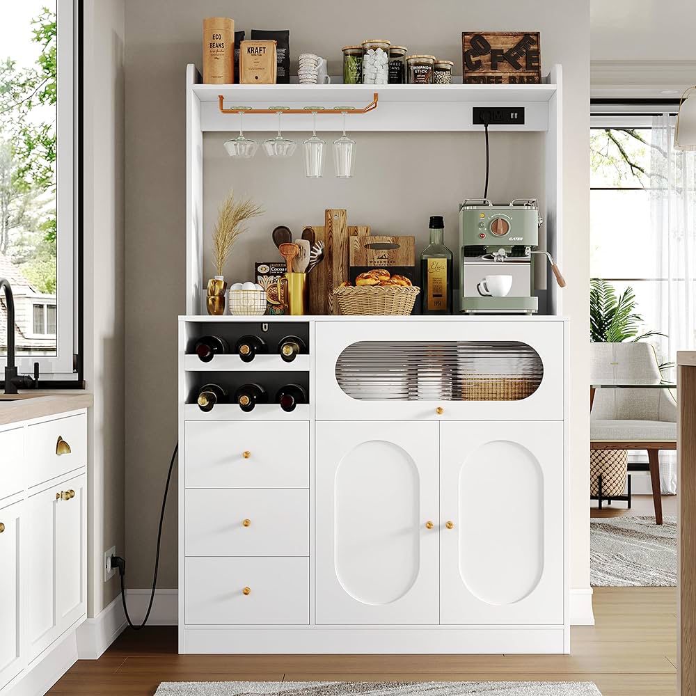 Kitchen Pantry Storage Cabinet with Hutch, Buffet Cabinet with Storage, Coffee Bar Cabinets with Power Outlets, Microwave Stand, Wine Racks, White