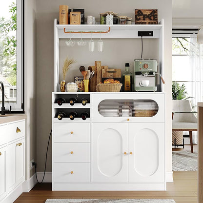 Kitchen Pantry Storage Cabinet with Hutch, Buffet Cabinet with Storage, Coffee Bar Cabinets with Power Outlets, Microwave Stand, Wine Racks, White