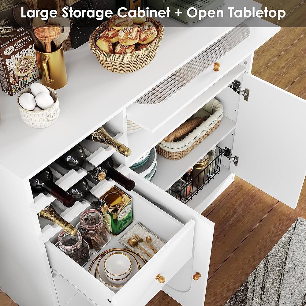 Kitchen Pantry Storage Cabinet with Hutch, Buffet Cabinet with Storage, Coffee Bar Cabinets with Power Outlets, Microwave Stand, Wine Racks, White