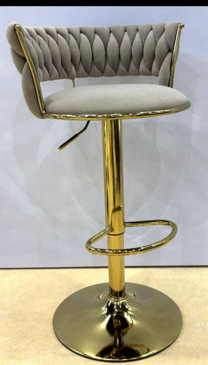 MMW Velvet Adjustable Bar Stool with Gold Base, Tufted High Back Swivel Bar Chair with Armrests for Kitchen Counter and Home Bar