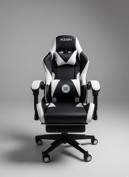 Ergonomic Gaming Chair with Footrest -   Racing Style PC Chair - High-Back PU Leather Swivel Desk Chair - Adjustable Lumbar/Headrest  - Black/White