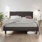 Double size Full Button-Tufted Faux Leather Platform Bed with Wingback Headboard , Brown Multi Market World Inc.
