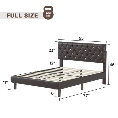 Double size Full Button-Tufted Faux Leather Platform Bed with Wingback Headboard , Brown