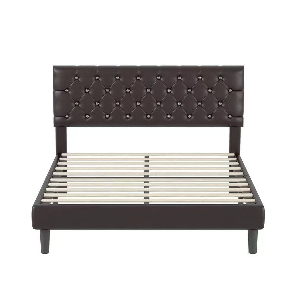 Double size Full Button-Tufted Faux Leather Platform Bed with Wingback Headboard , Brown Multi Market World Inc.