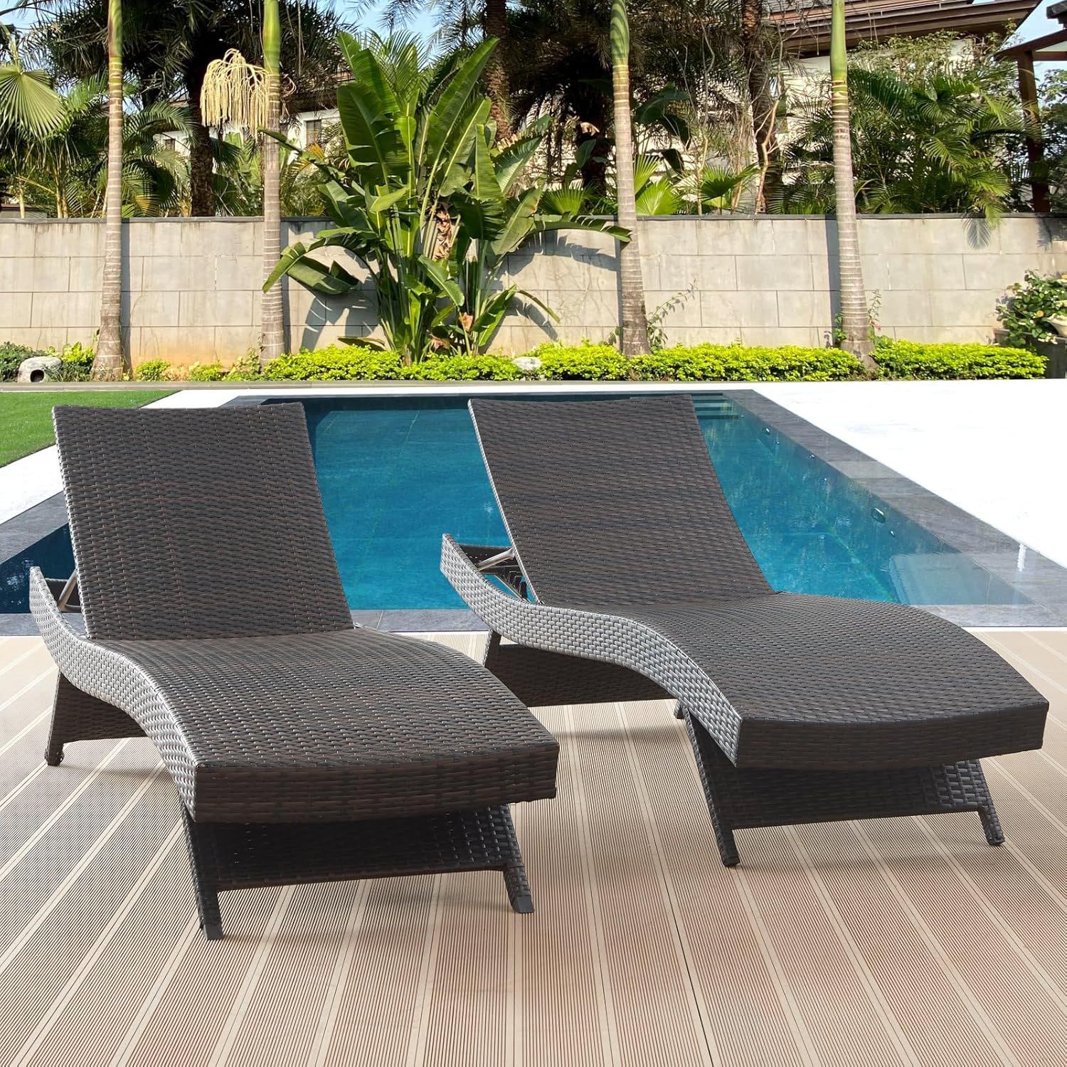 Set of 2  79" Patio Reclining Chair, Outdoor Lounge Chair,  Wicker Chaise Lounge, Brown Multi Market World Inc.