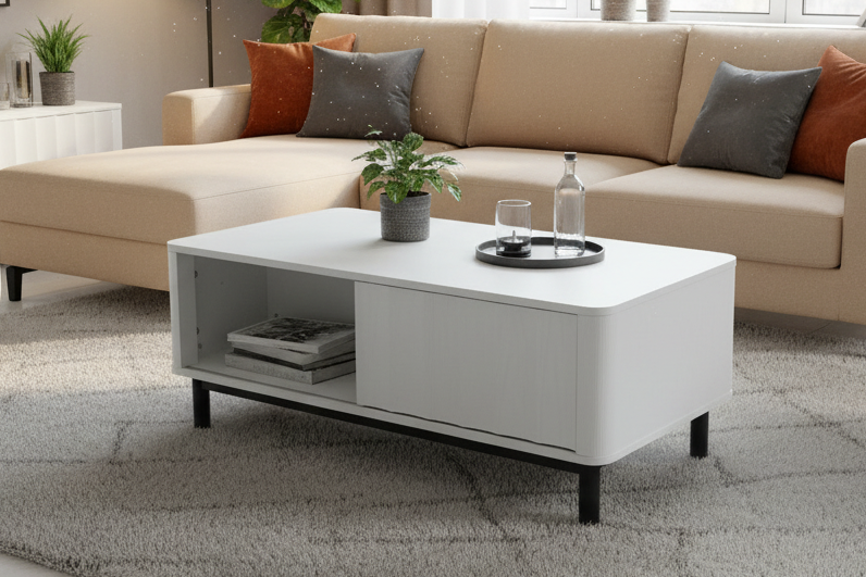 Modern living room with beige sectional sofa, white coffee table, and decorative elements.