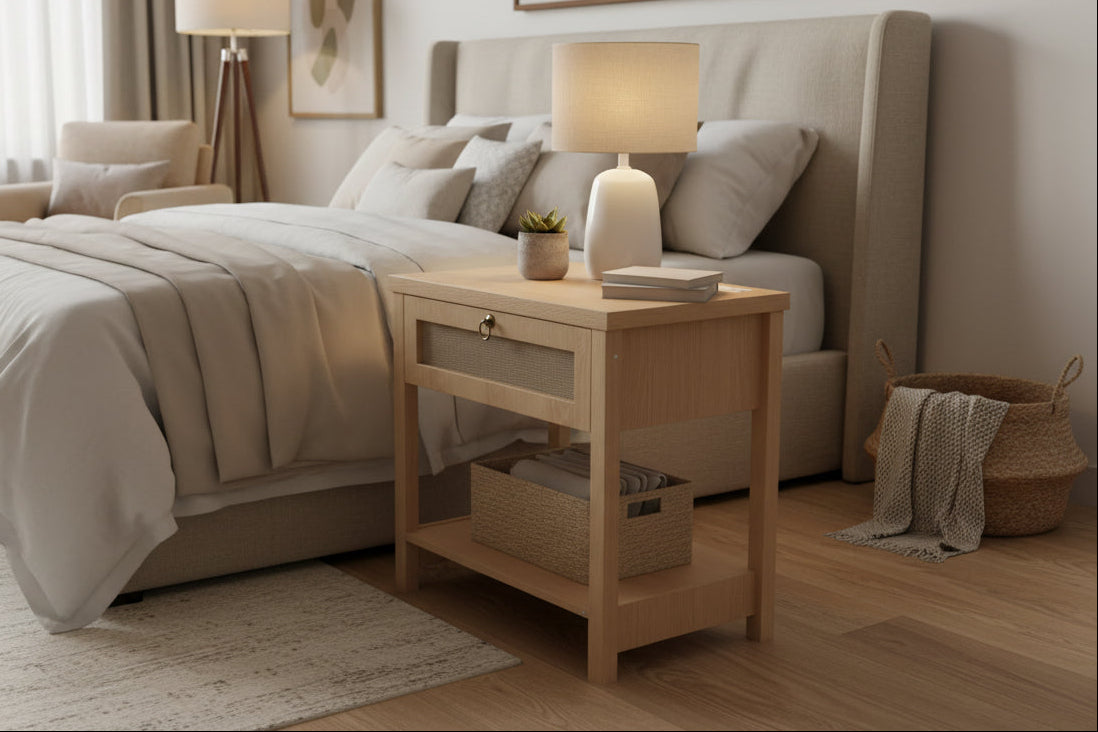 27" Rattan Nightstand with Built-in Charging Station – Modern Boho End Table with Drawer & Open Shelf Multi Market World Inc.