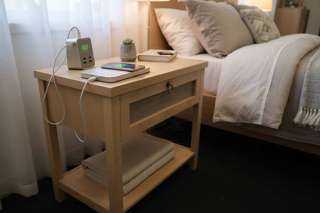 27" Rattan Nightstand with Built-in Charging Station – Modern Boho End Table with Drawer & Open Shelf Multi Market World Inc.