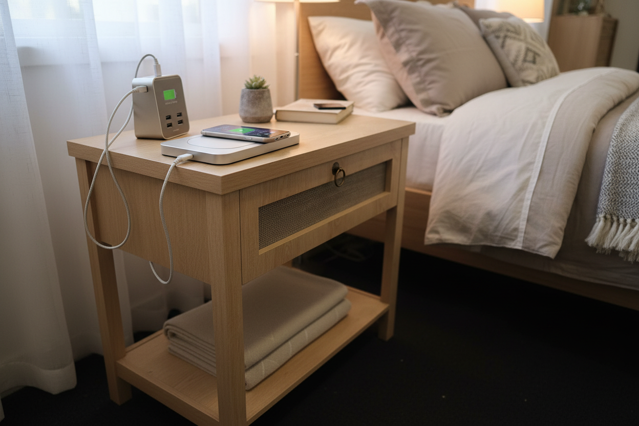 27" Rattan Nightstand with Built-in Charging Station – Modern Boho End Table with Drawer & Open Shelf Multi Market World Inc.