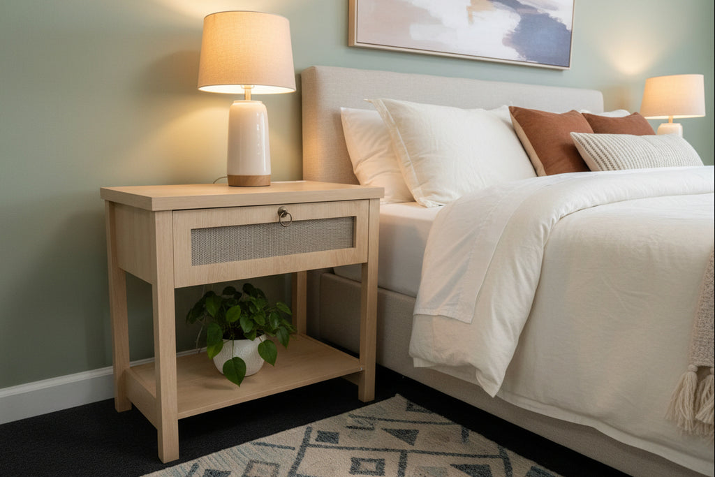 27" Rattan Nightstand with Built-in Charging Station – Modern Boho End Table with Drawer & Open Shelf Multi Market World Inc.
