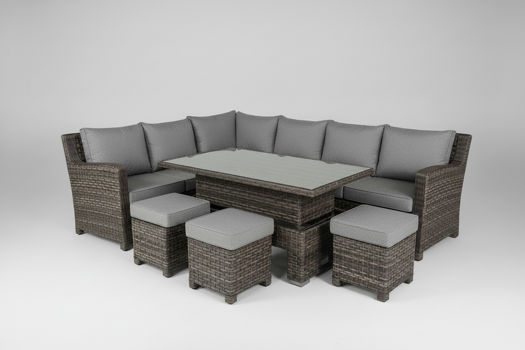 9-Seater Grey Rattan Garden Patio Dining Set, with Glass Top Table Multi Market World Inc.
