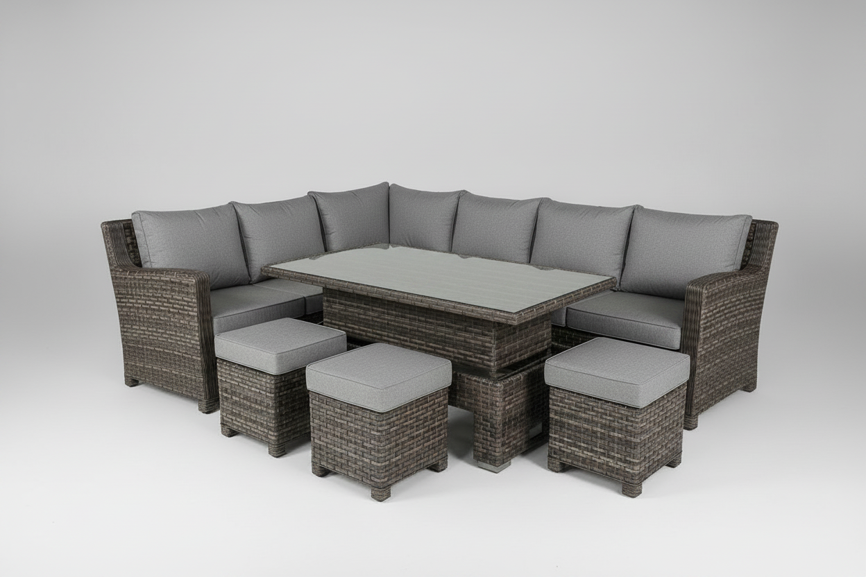 9-Seater Grey Rattan Garden Patio Dining Set, with Glass Top Table Multi Market World Inc.