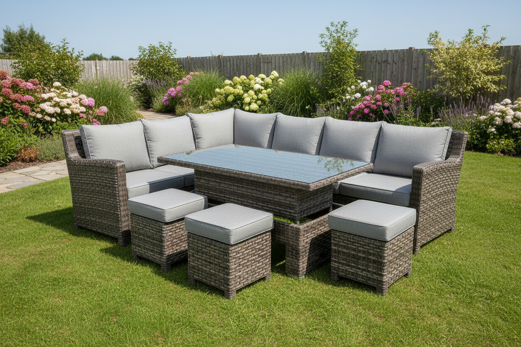 9-Seater Grey Rattan Garden Aluminum Patio Dining Set, with Glass Top Table Multi Market World Inc.