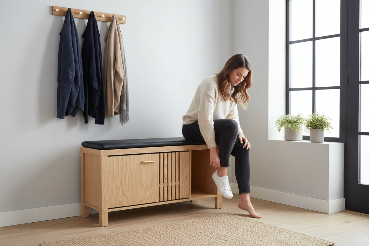 40" Entryway Shoe Storage Bench with Flip-Down Hidden Drawer, Slatted Door & Padded Seat - Natural Wood Finish Multi Market World Inc.
