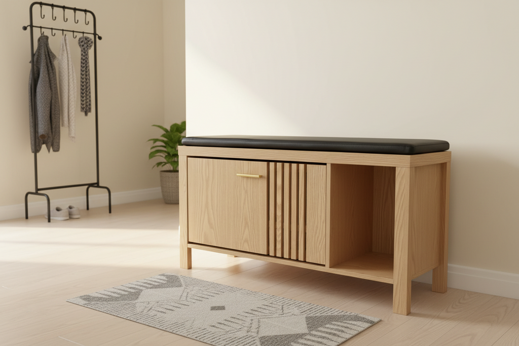 40" Entryway Shoe Storage Bench with Flip-Down Hidden Drawer, Slatted Door & Padded Seat - Natural Wood Finish Multi Market World Inc.