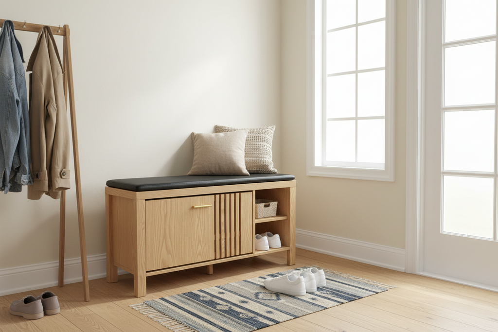 40" Entryway Shoe Storage Bench with Flip-Down Hidden Drawer, Slatted Door & Padded Seat - Natural Wood Finish Multi Market World Inc.