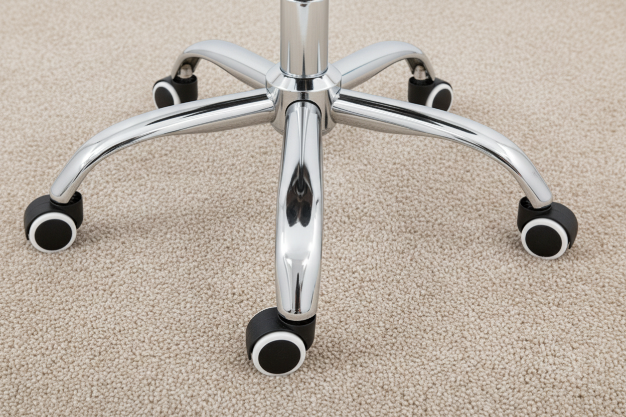 Chrome office chair base on a beige carpet