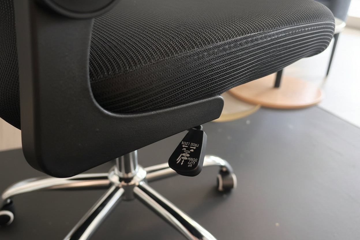 Close-up of a black office chair with mesh backrest on a desk.