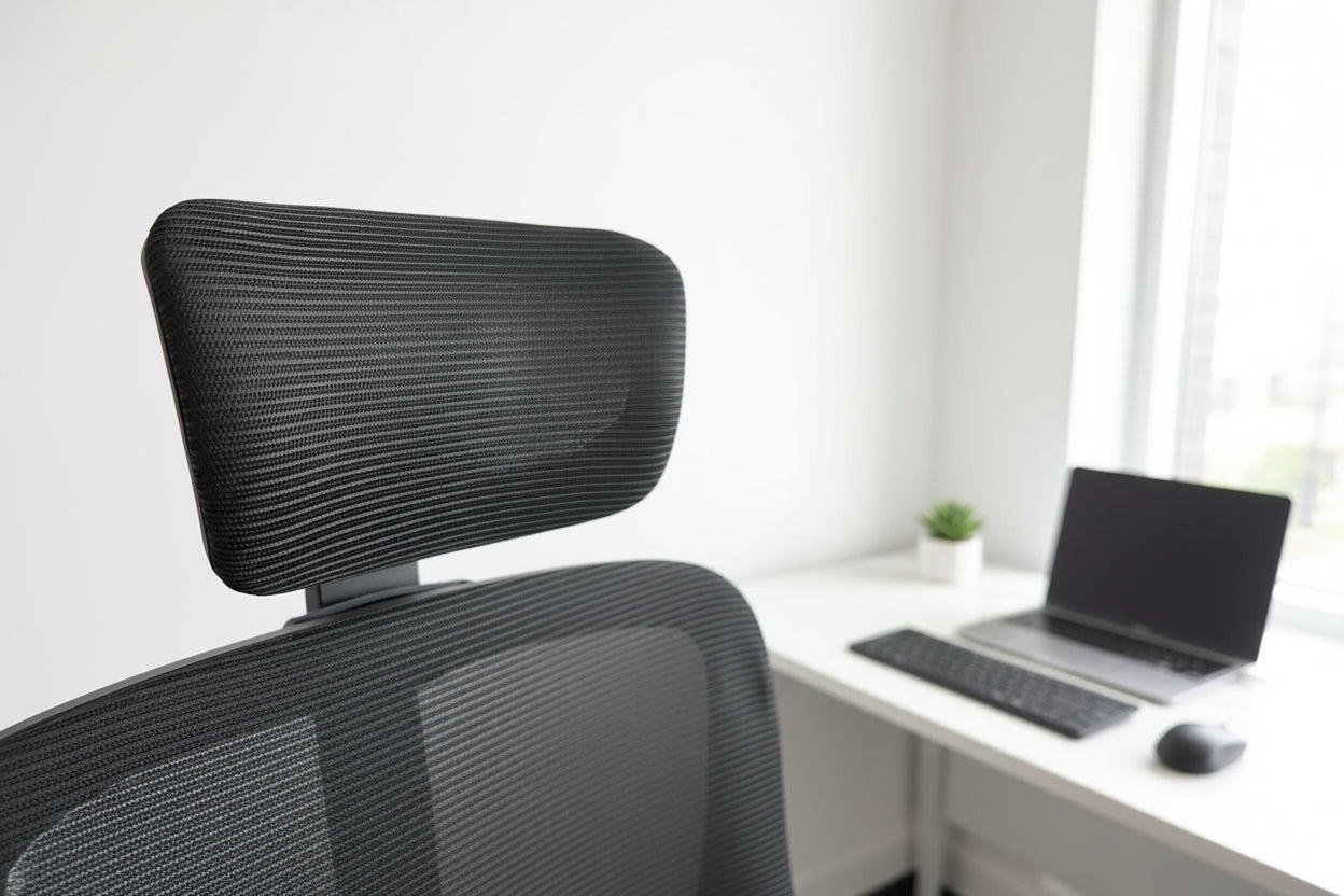 Black office chair with mesh backrest in a room with furniture and decor.