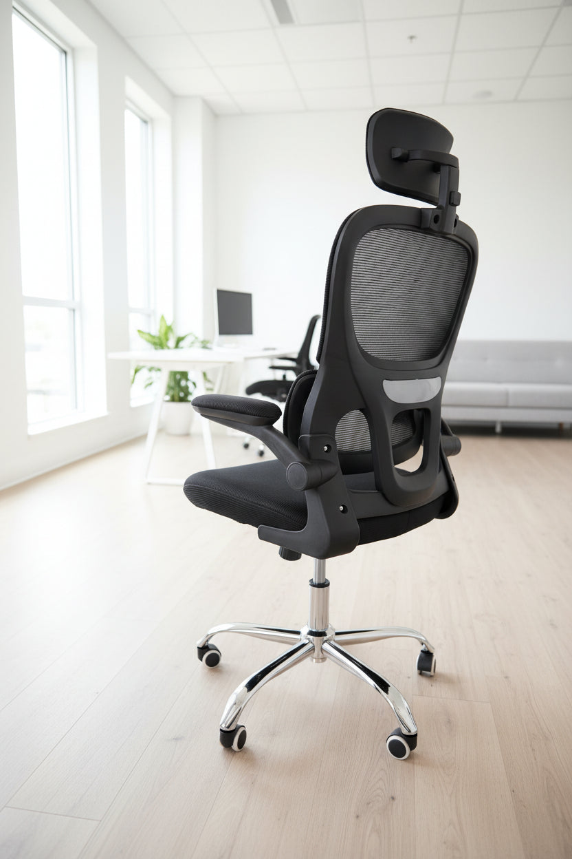Black office chair with mesh back in a bright office setting