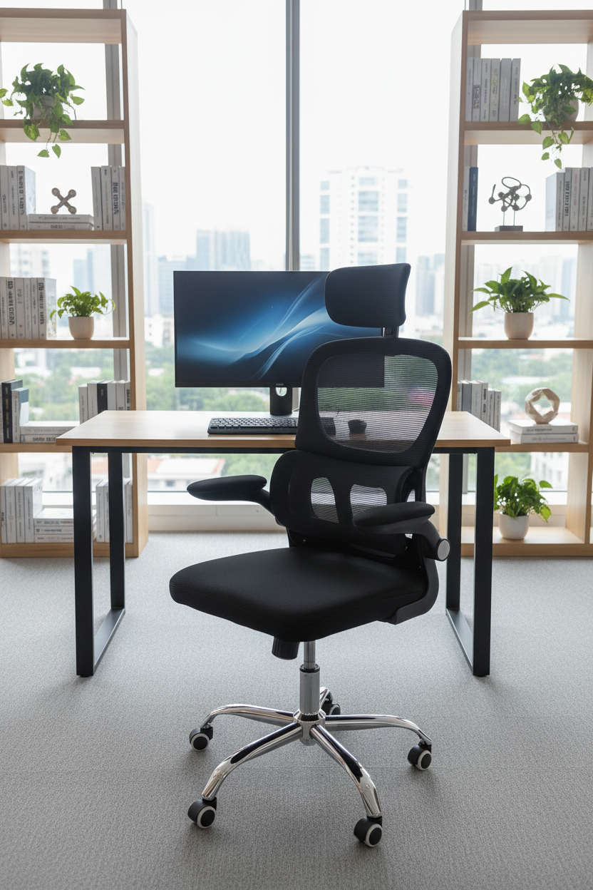 Modern office chair in front of a desk with a computer setup, in a room with large windows and bookshelves.