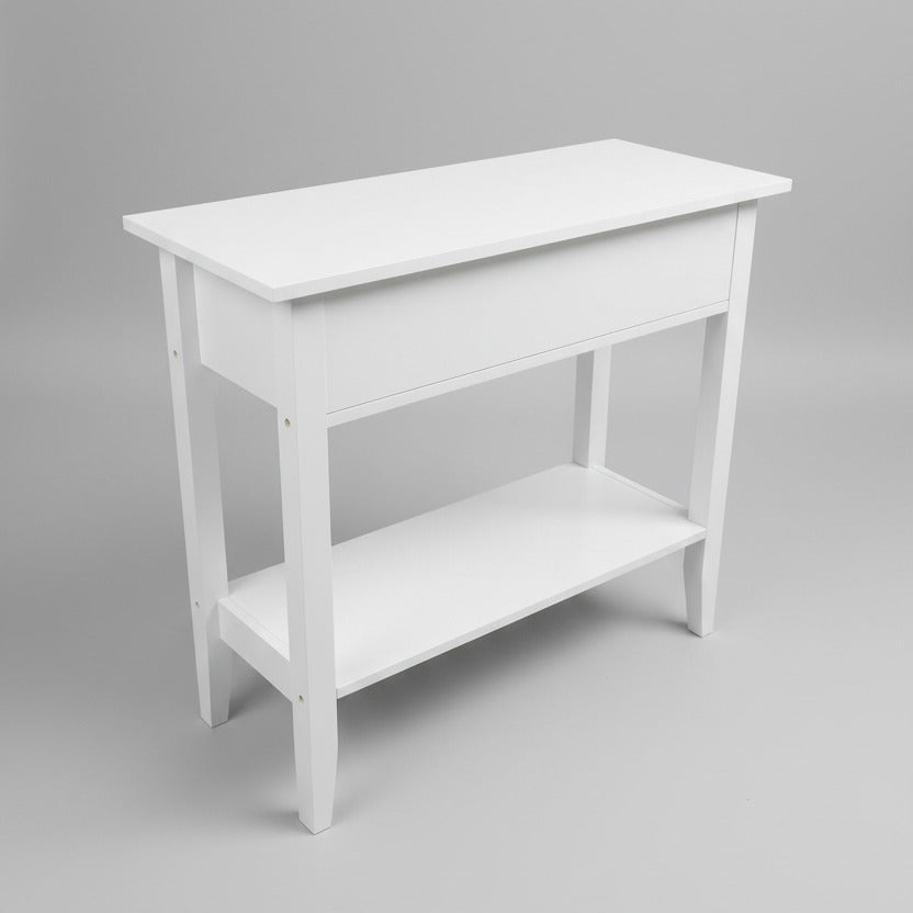 White table with a shelf on a gray floor